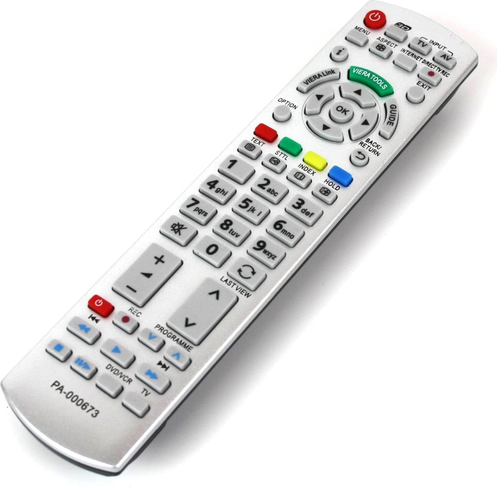 A silver remote control with various buttons is shown against a white background.