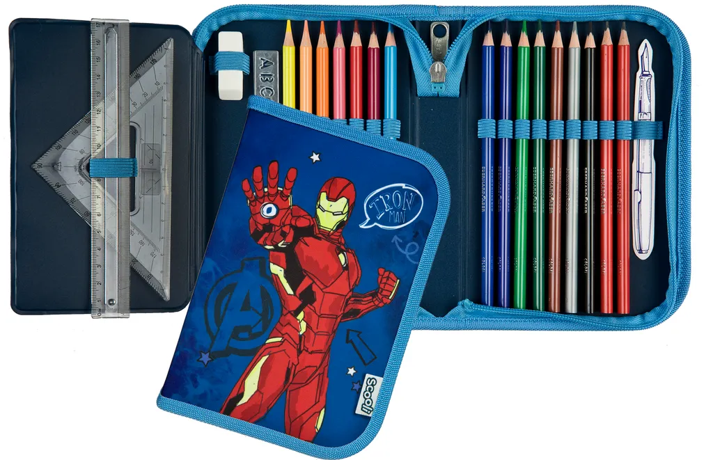 Astuccio Marvel Avengers A 3 Livelli – Set Completo Con 18 Pennarelli, 18 Matite Colorate, Penne, Righello E Altro – Zaino Scuola Per Bambini