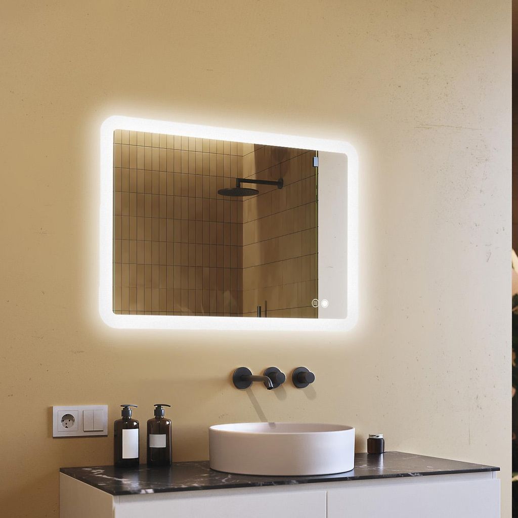 Badspiegel 100x70cm - Abgerundetmit LED Beleuchtung - LED Produktbild 