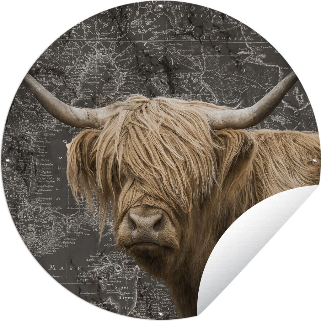 MuchoWow Gartenposter Outdoor-Poster Rund Schottischer Highlander - Weltkarte - Tiere Ø 150 cm Gartendeko Rundes Poster draußen