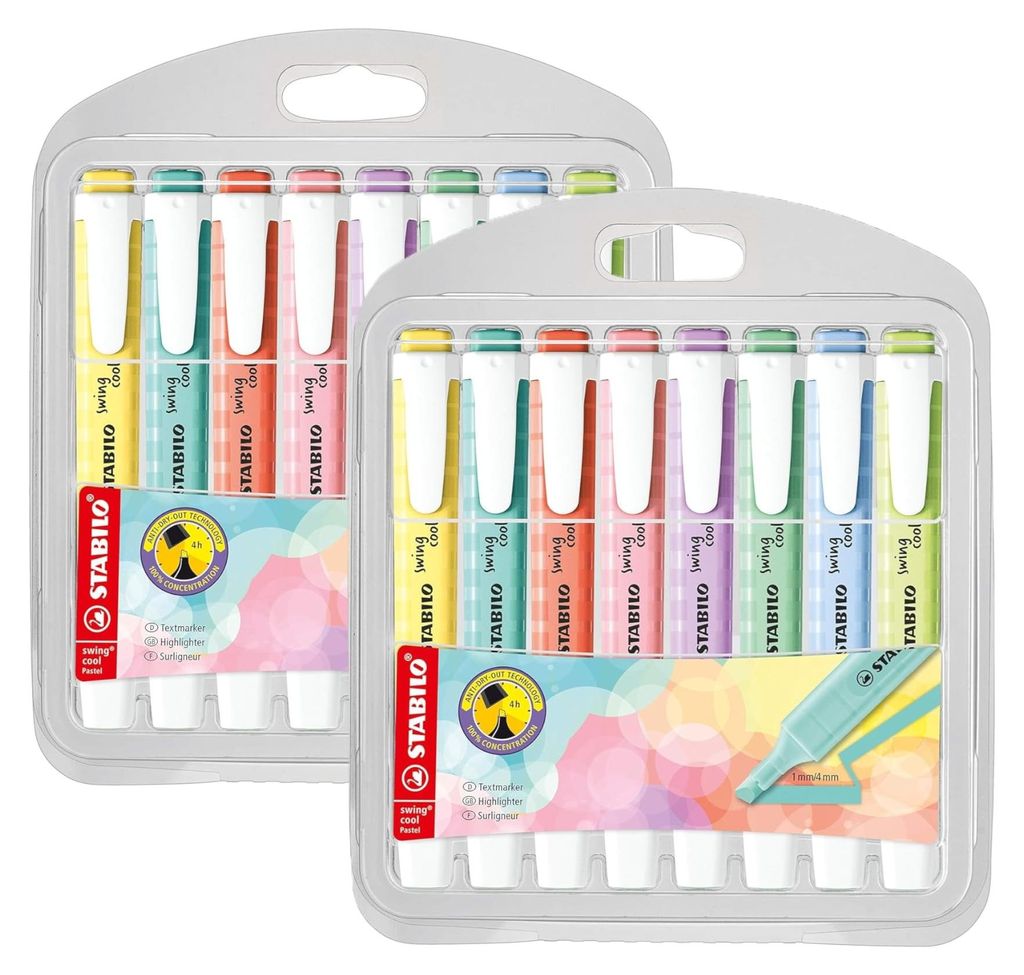 STABILO swing cool Pastel | 16er Pack Textmarker | Pastell Highlighter mit Clip | rutschfeste Oberfläche | Keilspitze 1-4 mm | ideal für Schule, ...