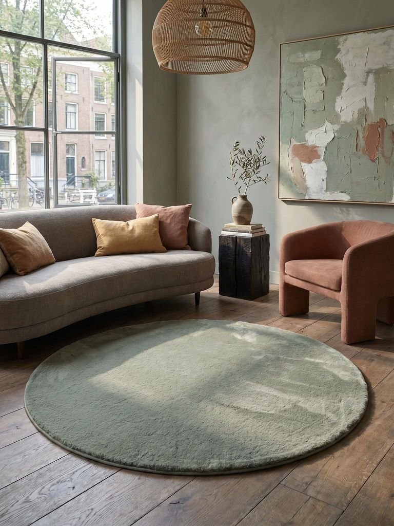 Wohnzimmerteppich Uni Modern Waschbar Strapazierfähig | Rund Grün 200x200 cm Schlafzimmer Fußbodenheizung geeignet | NECKAR – Kadima Design