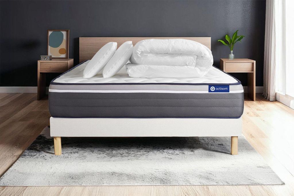 Komplettpaket Bett - Matratze 140x190 cm + Boxspringbett mit Lattenrost (im Set) + 2 Kopfkissen + Bettdecke - ActiMemo Plus