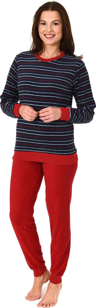 Eleganter Damen Frottee Pyjama langarm mit Bündchen in Streifenoptik - 291 201 13 568 ; rot , 40/42