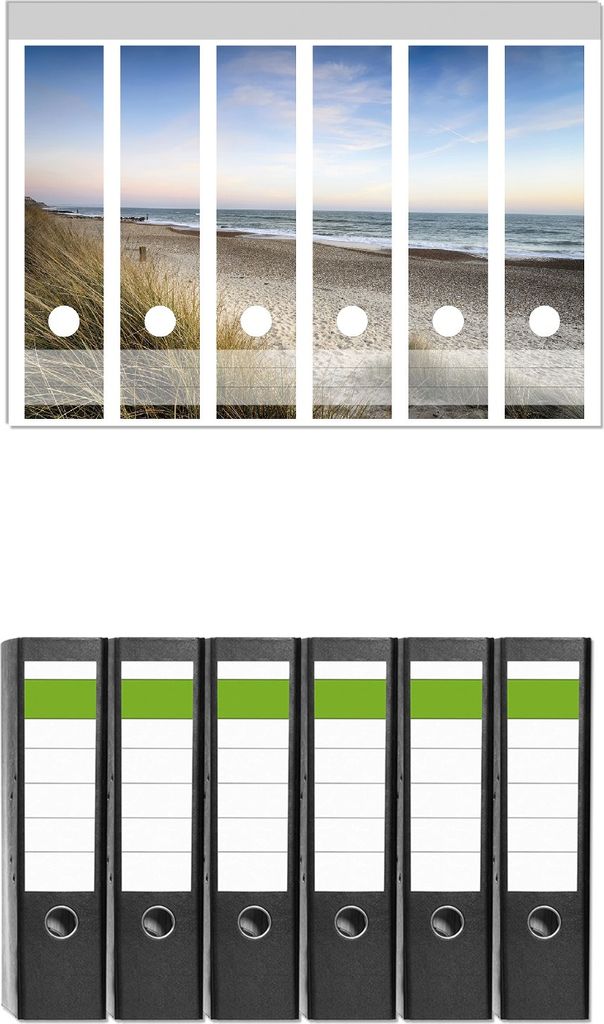 Wallario 6 Stück breite Ordner inkl. Klebeetiketten mit Motive Strandspaziergang im Urlaub an der Ostsee - Set mit Rückenschildern / Ordnerrücke...
