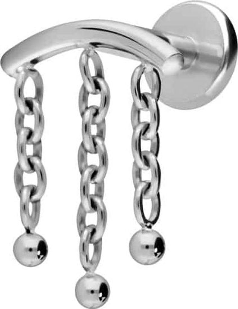 Ohrpiercing, Nasenpiercing Titan Labret mit Innengewinde BOGEN + 3 KETTEN Silber Stablänge: 6mm | Stabstärke: 1,2mm