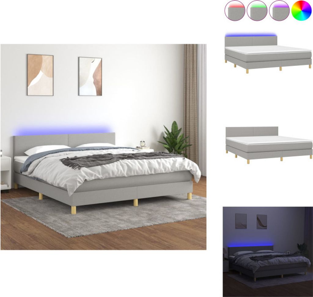 vidaXL Boxspringbett mit Matratze & LED Hellgrau 180x200 cm Stoff - Betten & Bettgestelle