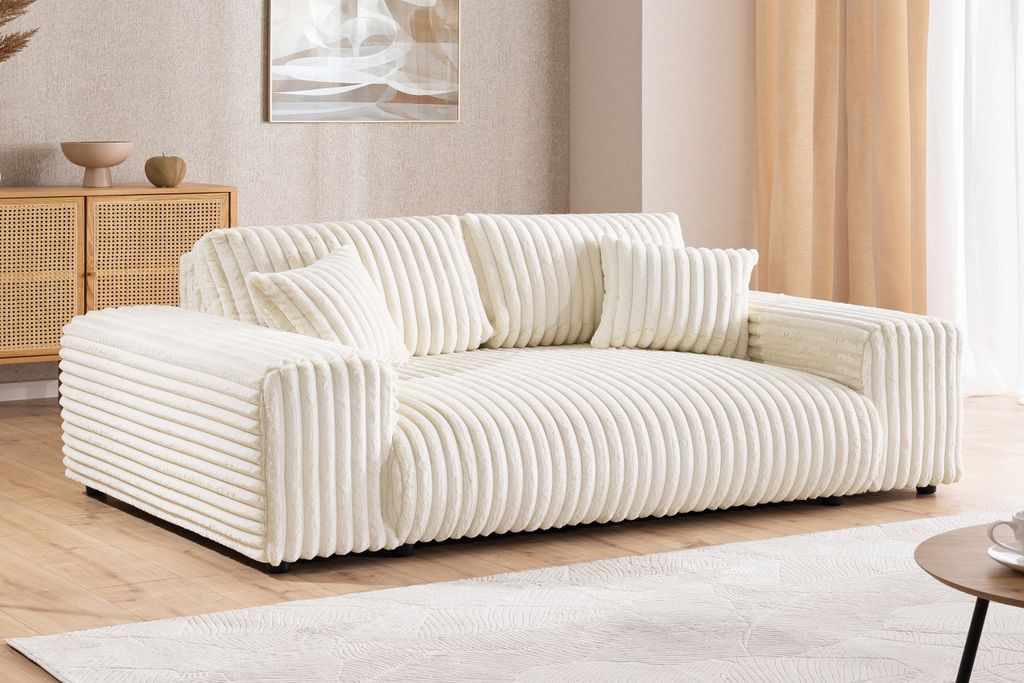 Mollis - Sofa 3 Sitzer aus Hellbeige Plüschcord mit schöner Sitzkomfort