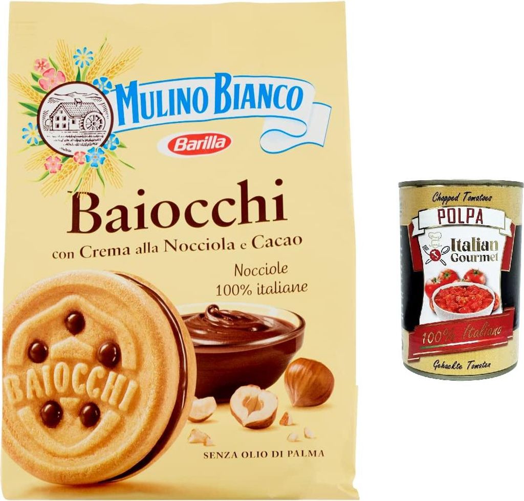 12x Mulino Bianco Baiocchi Kekse mit Haselnusscreme und Kakao zum Frühstück und süßer Snack für den Nachmittag 260g + Italian gourmet polpa 400g