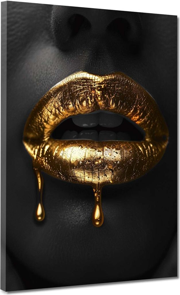 Goldene Lippen auf schwarzem Hintergrund Leinwandbild Wandbild XL Wanddeko: 75x100x2cm