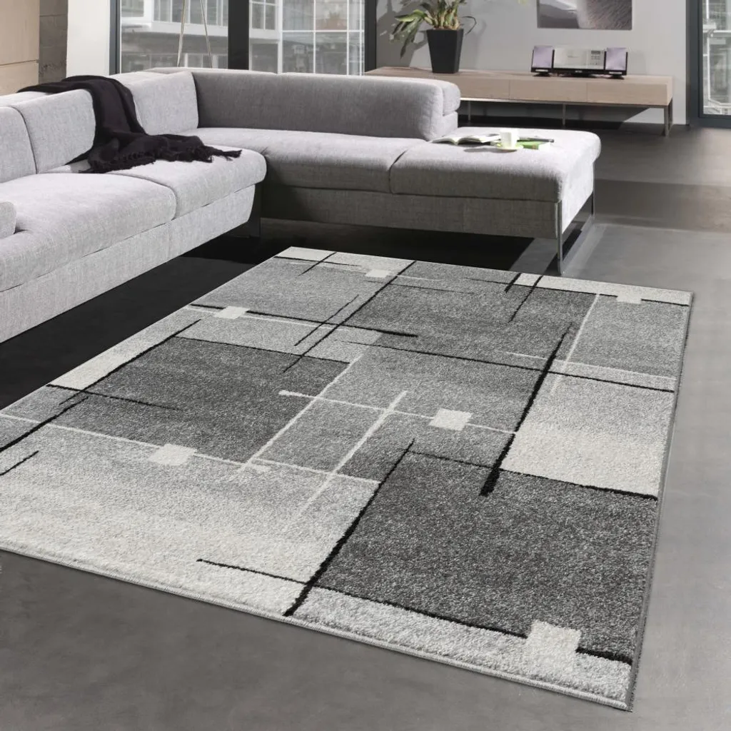 Tapis de salon moderne gris à motif abstrait - Dimensions 120x160 cm