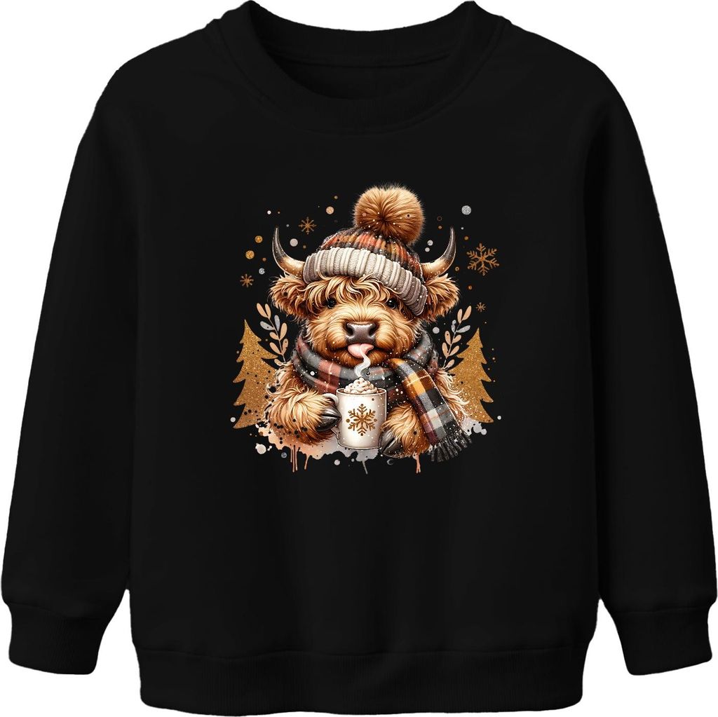 Highland Kuh Bommel Schal Becher Winter Weihnachten Geschenk Uni Kinder Sweatshirt Pullover, Schwarz, 152