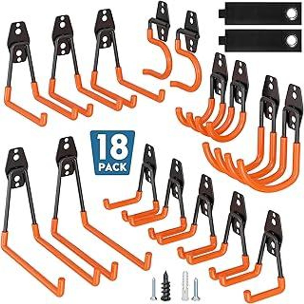 BONTEC 18 Stück Wandhaken Set, Stahl-Haken für Garage, Werkstatt, Fahrradhalterung, Gartengeräte, U/J/S Hakens, Orange mit Anti-Rutsch-Beschicht...