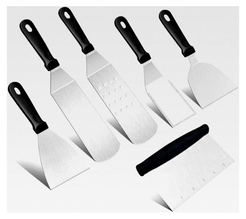 Grillspachtel Set 6-teilig aus Edelstahl, Grillzubehör und BBQ Plancha Zubehör, geeignet für Burgerpresse, Teppanyaki-Grills und Camping