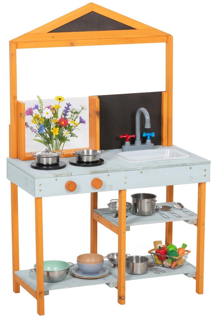 AIYAPLAY Matschküche Kinder Outdoor Spielküche Holz mit Herd Abnehmbarer Spüle