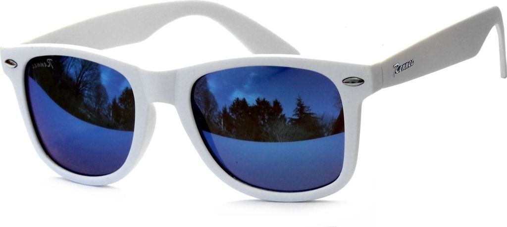 Uni Sonnenbrille Weiß Matt mit Gläser Blau Verspiegelt Retro Brille Rennec Nerdbrille Festivalbrille