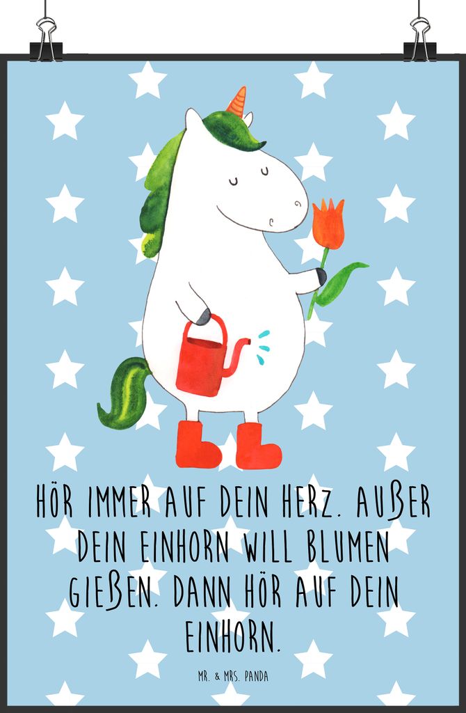Mr. & Mrs. Panda Bild Einhorn Gärtner DIN A2 - Blau Pastell - Geschenk, Luftballon, Unicorn, wanddeko, Plakat, Deko, Garten, Kunstdruck, drucke, S...