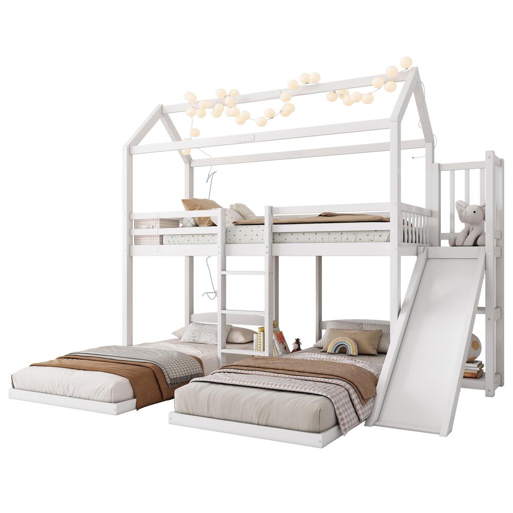 Etagenbett, Kinderbett, Stabile Bettrahmenkonstruktion, mit Rutsche, Einzigartiges Dachdesign, Design mit drei Schlafplätzen, Stauraum im oberen Bett