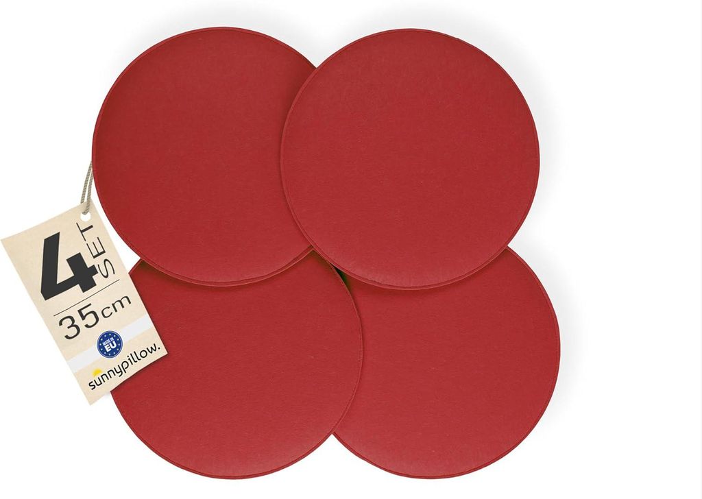 sunnypillow 4er Set Stuhlkissen aus Filz rund Ø 36cm | gemütliche Filzkissen für Bank und Stuhl | Indoor/Outdoor | Sitzkissen Sitzauflage | Rot