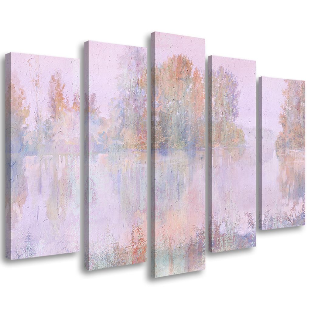 5-teiliges leinwandbild blick auf den see 150x100 cm Feeby rosa wandbild bereit zum aufhängen