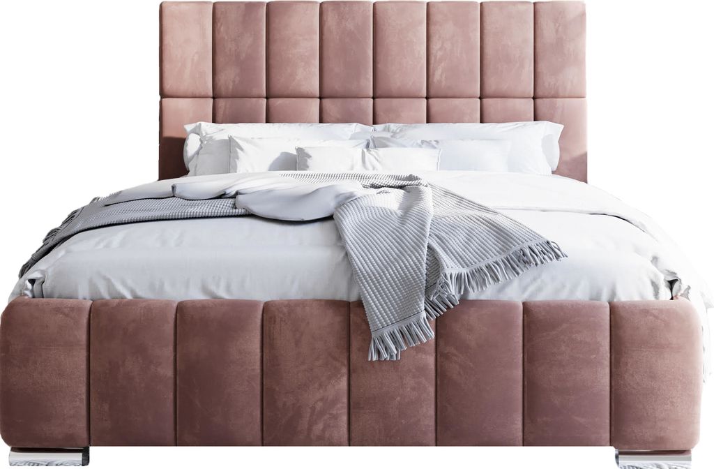 A pink upholstered bed with white bedding and a gray throw blanket, presented on a white background.