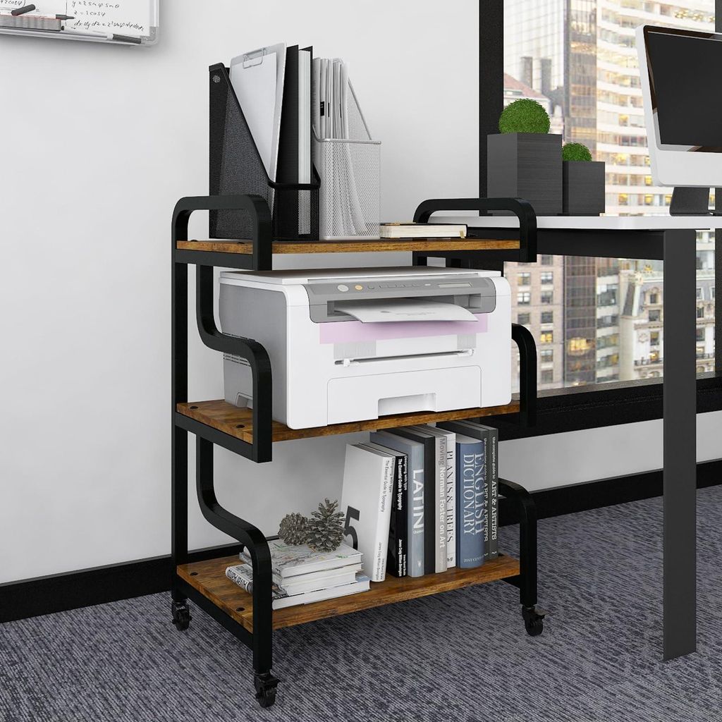 Dreistufiger Druckerständer mit Universalrollen, mobiler Druckertisch aus Holz und Metall, Druckerablage, für Büro, Arbeitszimmer, Zuhause, Küc...