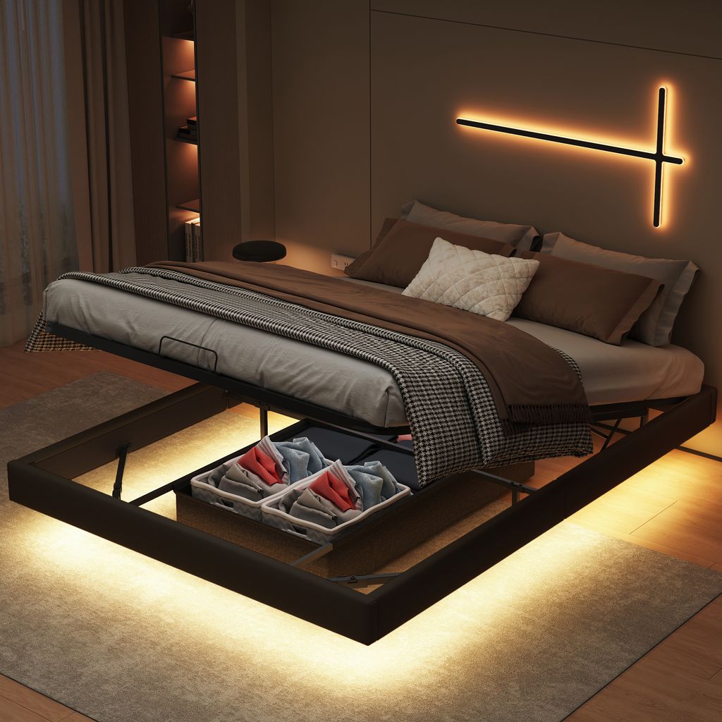 CDGlobal Polsterbetten Bett 160x200 cm mit LED Beleuchtung Bettgestell 160x200 mit Lattenrost aus Metall Bettrahmen Erwachsene Floating Bed Frame m...