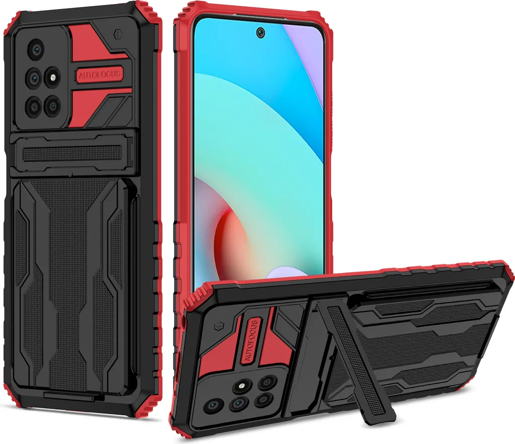 Custodia Redmi 10 Robusta con Porta Carte e Supporto - Protezione Rossa
