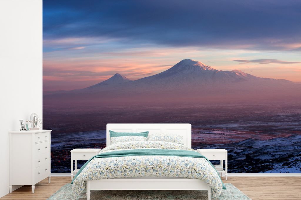 MuchoWow Fototapete für Wohnzimmer oder Schlafzimmer Wandtapete Vinyl Motivtapete Panoramablick auf den Asiatischen Ararat bei Sonnenuntergang -...
