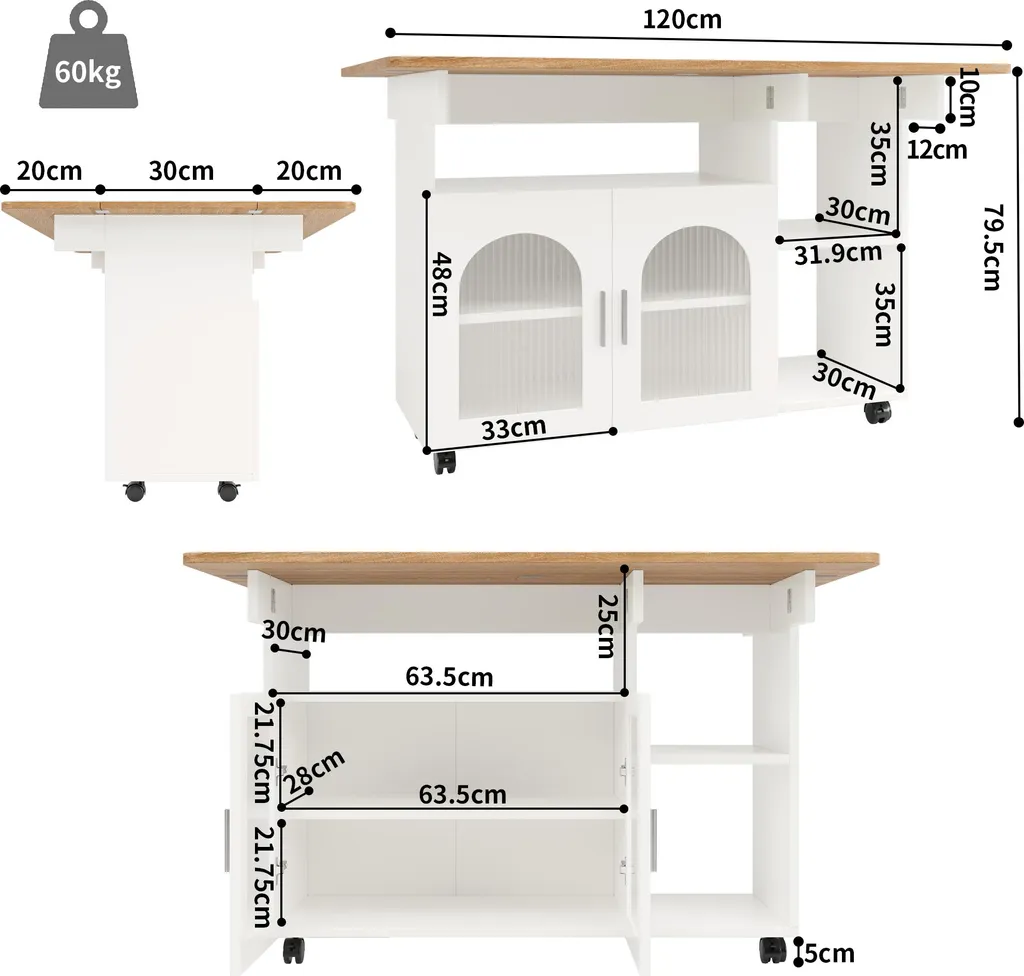 Meuble de Cuisine Mobile avec Rangement et Plan de Travail Extensible - 4