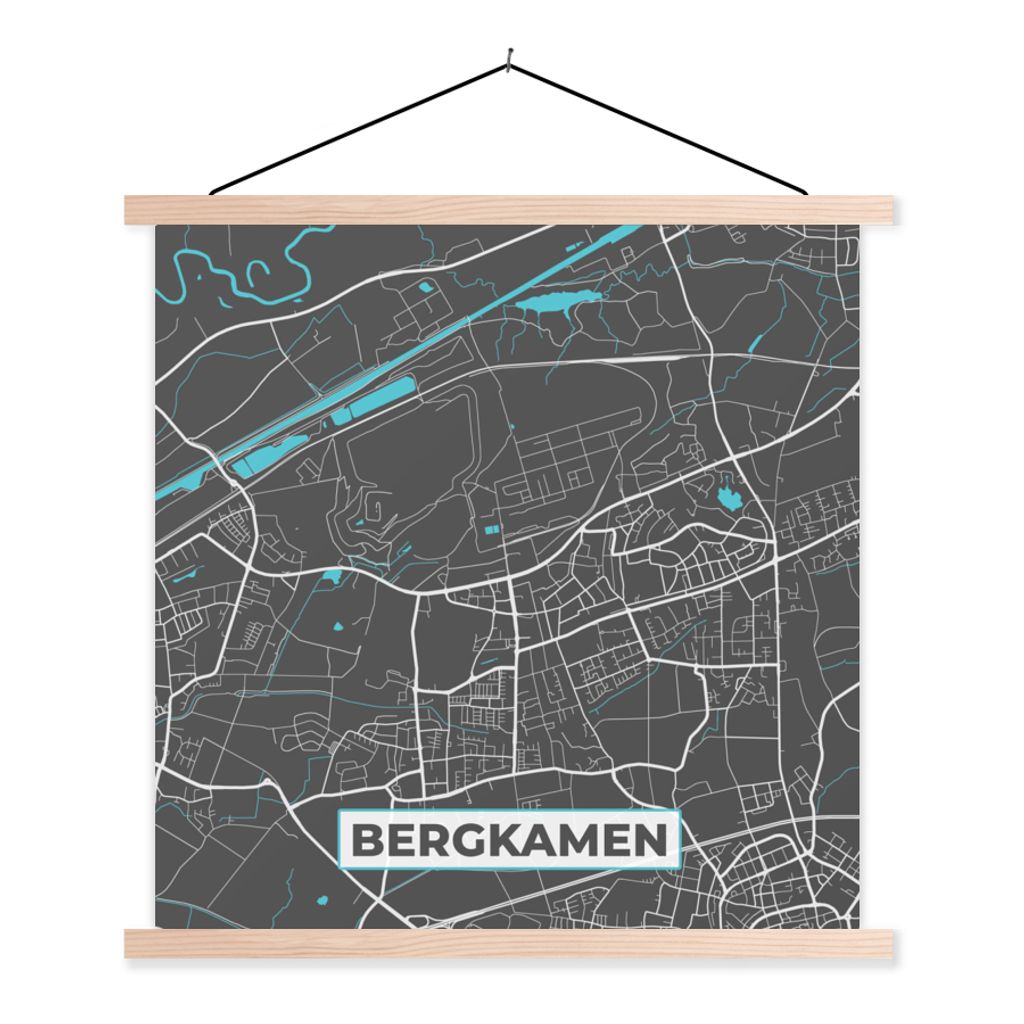 MuchoWow Textilposter Karte - Stadtplan - Bergkamen - Deutschland - Blau 60x60 cm mit holzfarbenen Rahmen - Wanddekoration