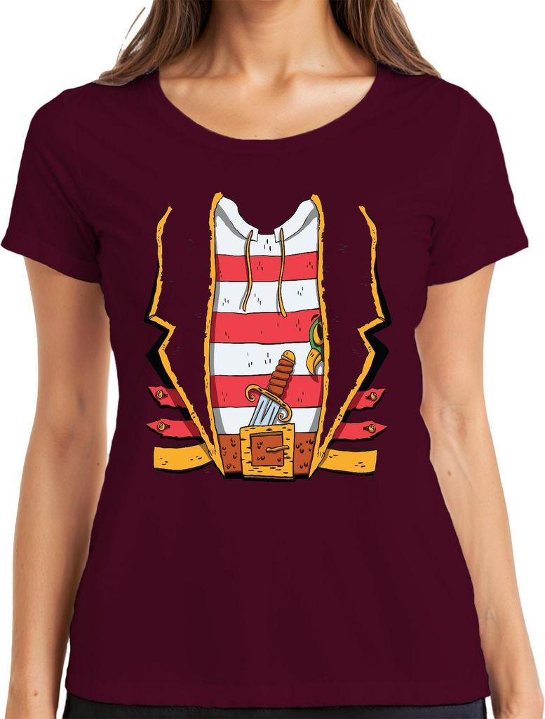 Seeräuber Pirat Dolch Gürtel gestreift Weste Karneval Vintage Damen T-Shirt, Burgundy, M