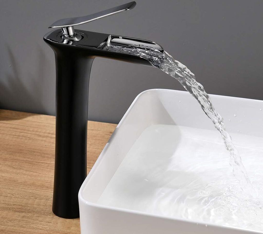 Wasserhahn Bad Wasserfall Waschtischarmatur Hoch Badarmatur aufsatzwaschbecken Armatur Badezimmer Schwarz Chrom