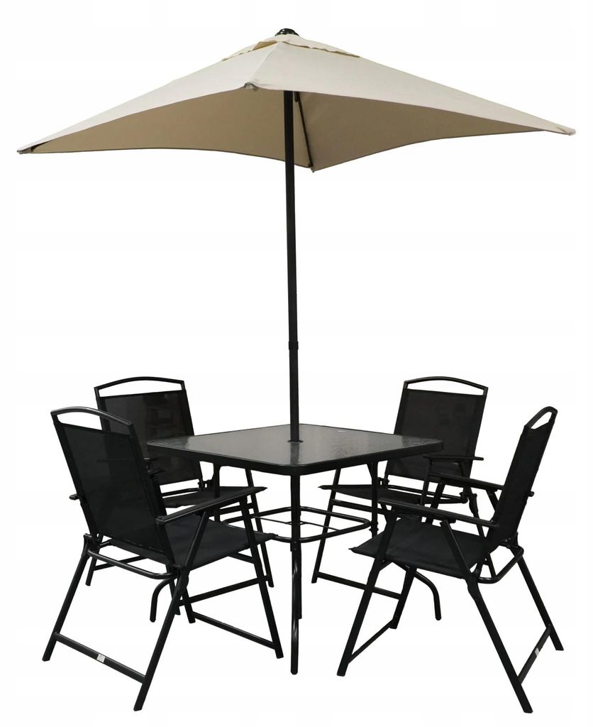 Gartenmöbel Set 6-teilig mit Sonnenschirm, Tisch 80x80 cm & 4 Klappstühlen, schwarz/beige