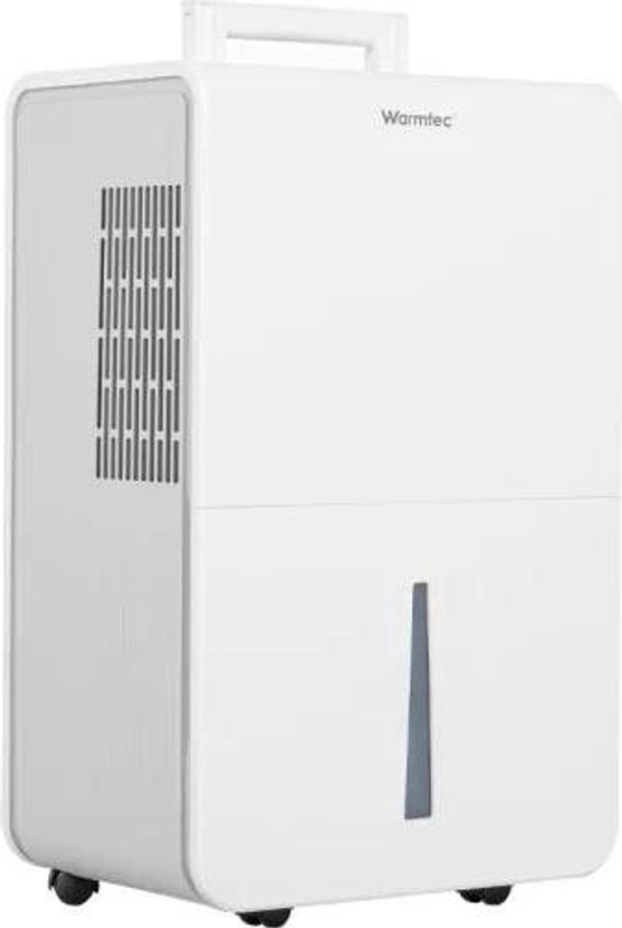 A white dehumidifier with a water collection tank and a vent on the side.