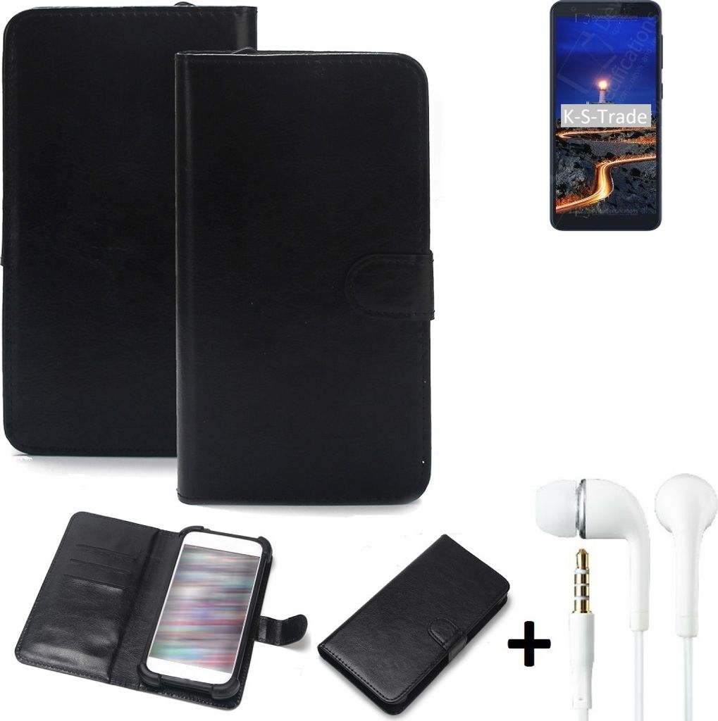 K-S-Trade Wallet Case Handyhülle kompatibel mit ZTE Blade A5 Schutzhülle Flip cover Flipstyle Tasche Hülle Flipcover Slim Bumper schwarz + in ear