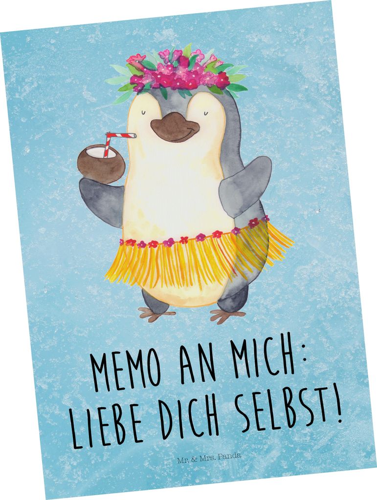 Mr. & Mrs. Panda Postkarte Pinguin Kokosnuss - Eisblau - Geschenk, Urlaub, Ferien, bildkarte, Ansichtskarten, Hawaii, Ansichtskarte, Postkarten, Gr...
