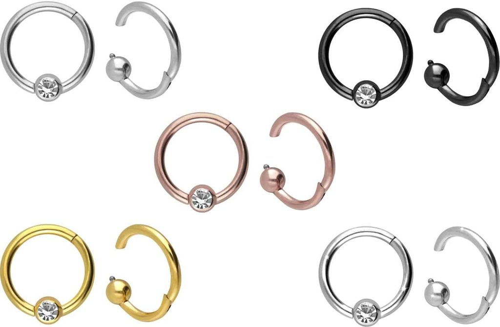 Ohrpiercing, Nasenpiercing, Septum Piercing Titan Segmentring Clicker KRISTALL Gold Innendurchmesser: 10mm + Stabstärke: 0,8mm