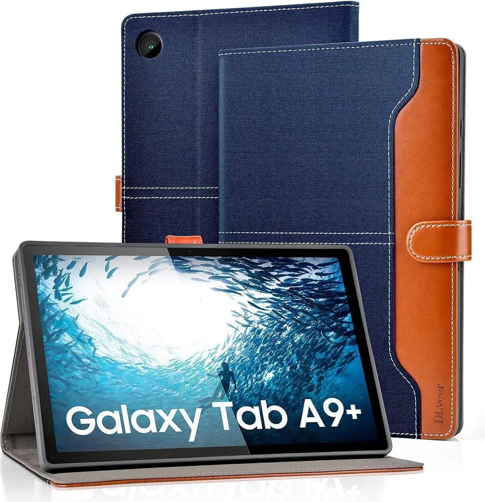 DLveer Samsung Galaxy Tab A9+ Plus 11'' Custodia Blu Finto cuoio + TPU Morbido
