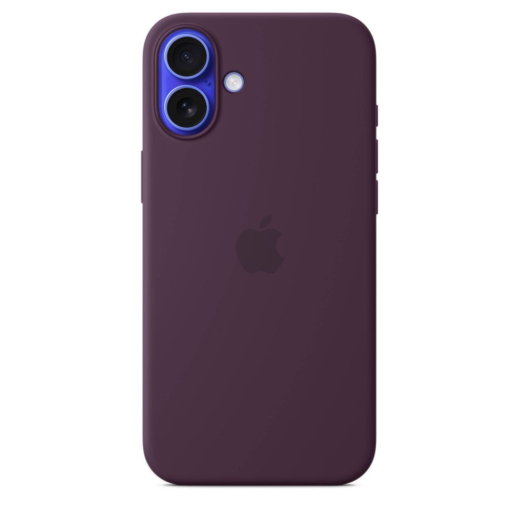 The back of a purple iPhone case with the Apple logo.