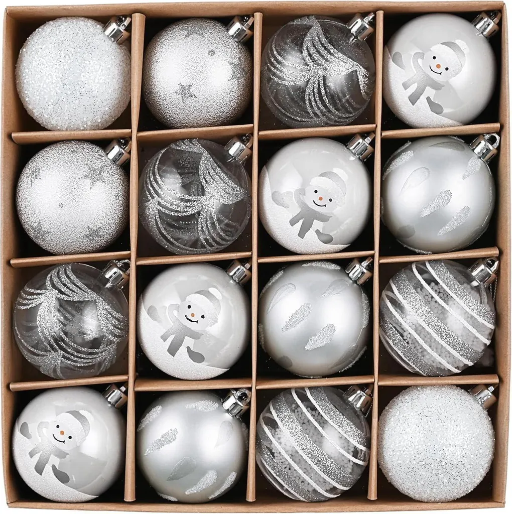 Boules de Noël Décoratives 6cm Argent et Blanc - Coffret de 16 Pièces Chic