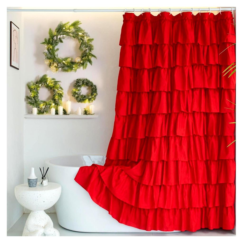 Roter Rüschen-Duschvorhang, Mädchen-Badevorhang, weihnachtliches Thema, Badezimmer-Dekor, Boho-Stil, Vintage-Farm-Chic, elegantes Design