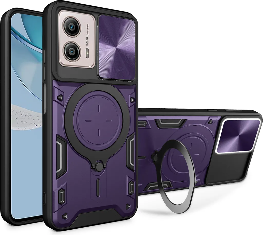 Custodia per Motorola Moto G53 Custodia resistente a doppio strato con copertura della fotocamera e supporto ad anello Viola