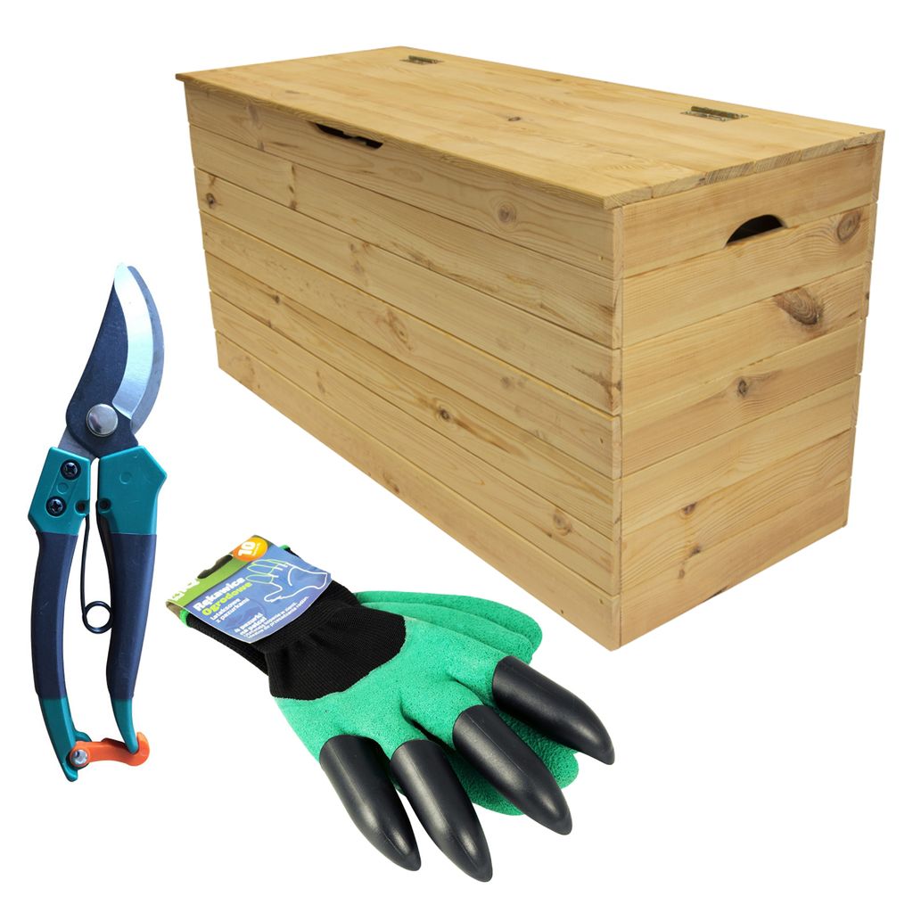 A wooden storage box with gardening tools.