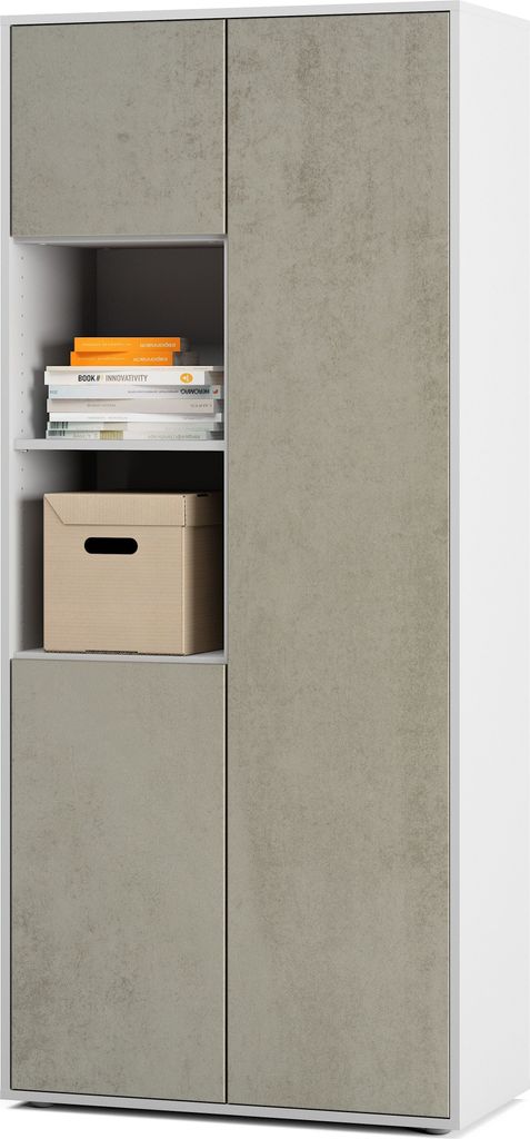 SIMPLYFURN Büroschrank Amira T20 | mit 2 offenen Fächern | Aktenschrank & Mehrzweckschrank in Korpus Weiß & Front Beton Oxid | Push-to-Open | 18...