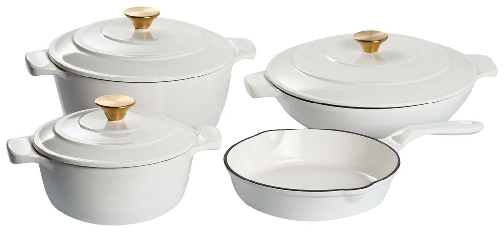 BELIANI Kochgeschirrset 4-teilig Cremeweiß Gusseisen Emailliert Rund für Backofen u. alle Herdarten PFAS-frei Modern Barttopfset mit Deckeln u. P...