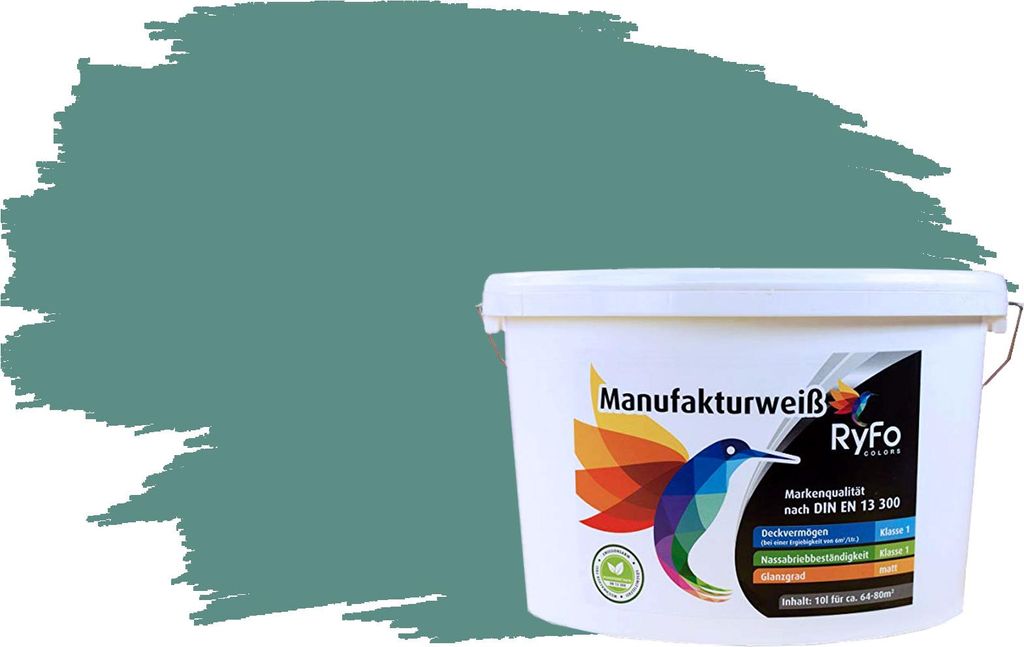 RyFo Colors Bunte Wandfarbe Manufakturweiß Malachit 10l - weitere Grau Farbtöne und Größen erhältlich, Deckkraft Klasse 1, Nassabrieb Klasse 1