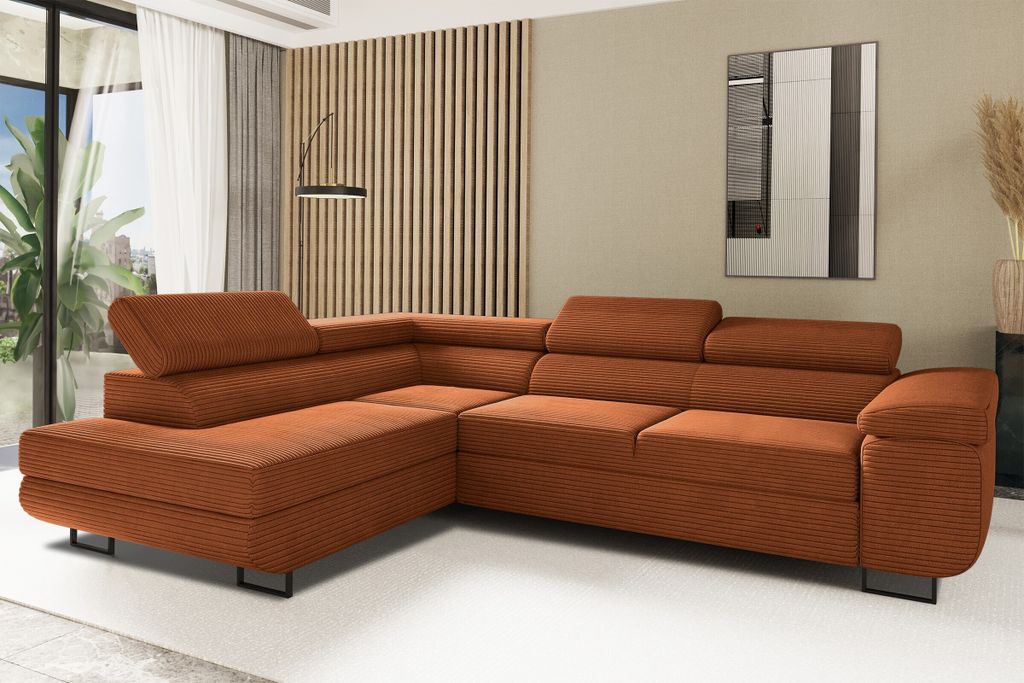 Kaiser Möbel Ecksofa mit schlaffunktion und bettkasten Eckcouch L-Form ATOMIC stoff Poso Links Kupfer