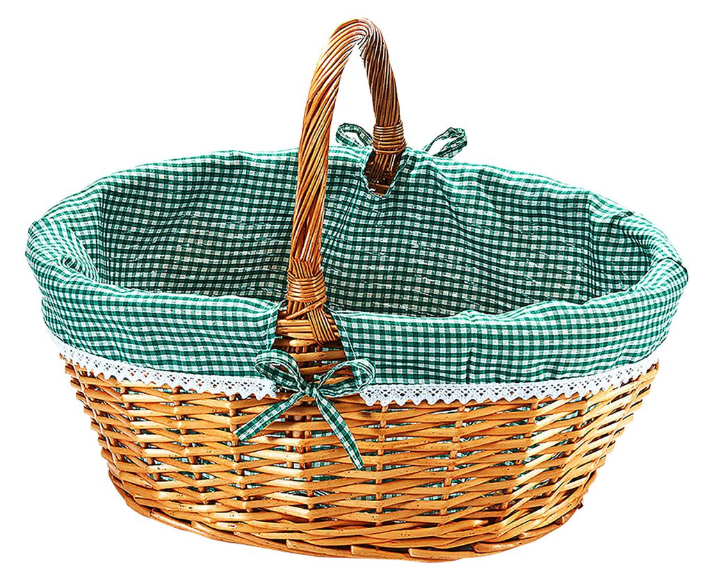 Kobolo Einkaufskorb geflochten Weide -mit Textil ausgeschlagen- grün weiß kariert - 45x34x20 cm - Autokorb Geschenkkorb Picknickkorb Korb Aufbewa...