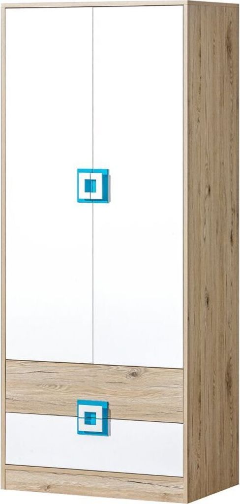 Kinderzimmer - Drehtürenschrank / Kleiderschrank Fabian 01, Farbe: Eiche Hellbraun / Weiß / Blau - 190 x 80 x 50 cm (H x B x T)